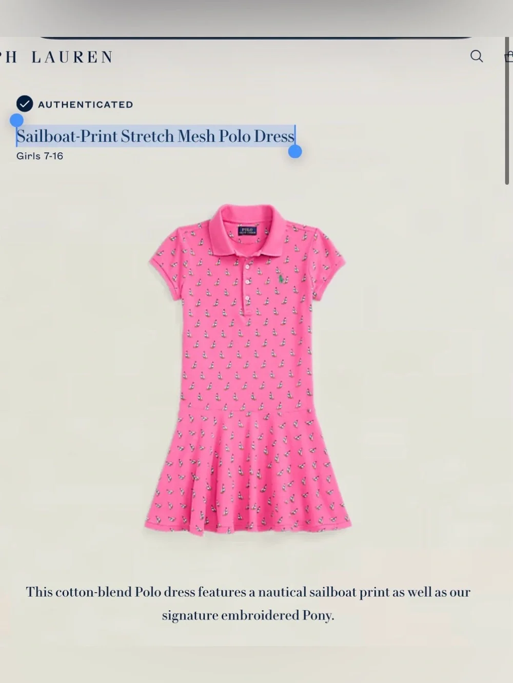Polo Ralph Lauren Sailboat-Print Stretch Mesh Polo Dress M 8/10